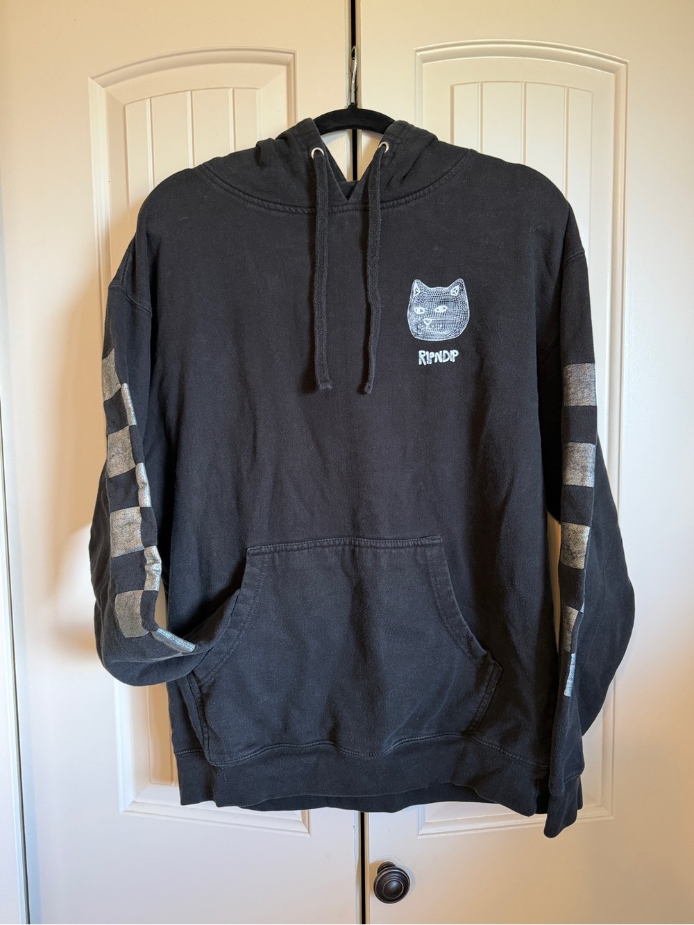 Ripndip Black Hoodie with Cat Chest Logo and Sleeve Checkers